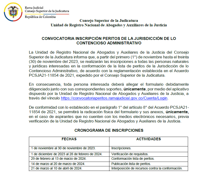 CONVOCA INSCRIPCION PERITOS JCA 2023